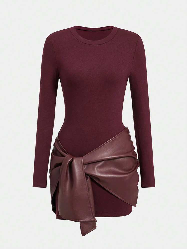 Elegant Women Long Sleeve Mini Dress, Knitted Fabric With Unique Faux Leather Bow Design, Fashion Outfit. Women's Dress With Faux Two-Piece Look | SHEIN
