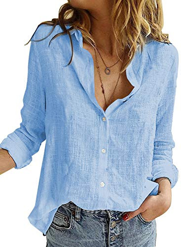 Astylish Womens V Neck Roll up Sleeve Button Down Blouses Tops | Amazon (US)