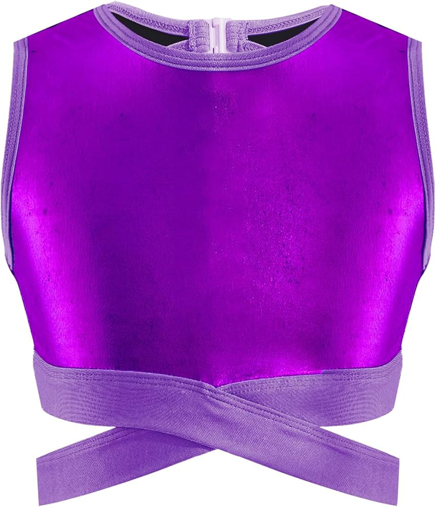 Aislor Kids Big Girls Shiny Metallic Crop Tank Tops Racer Back Dance Athletic Sports Bra | Amazon (US)