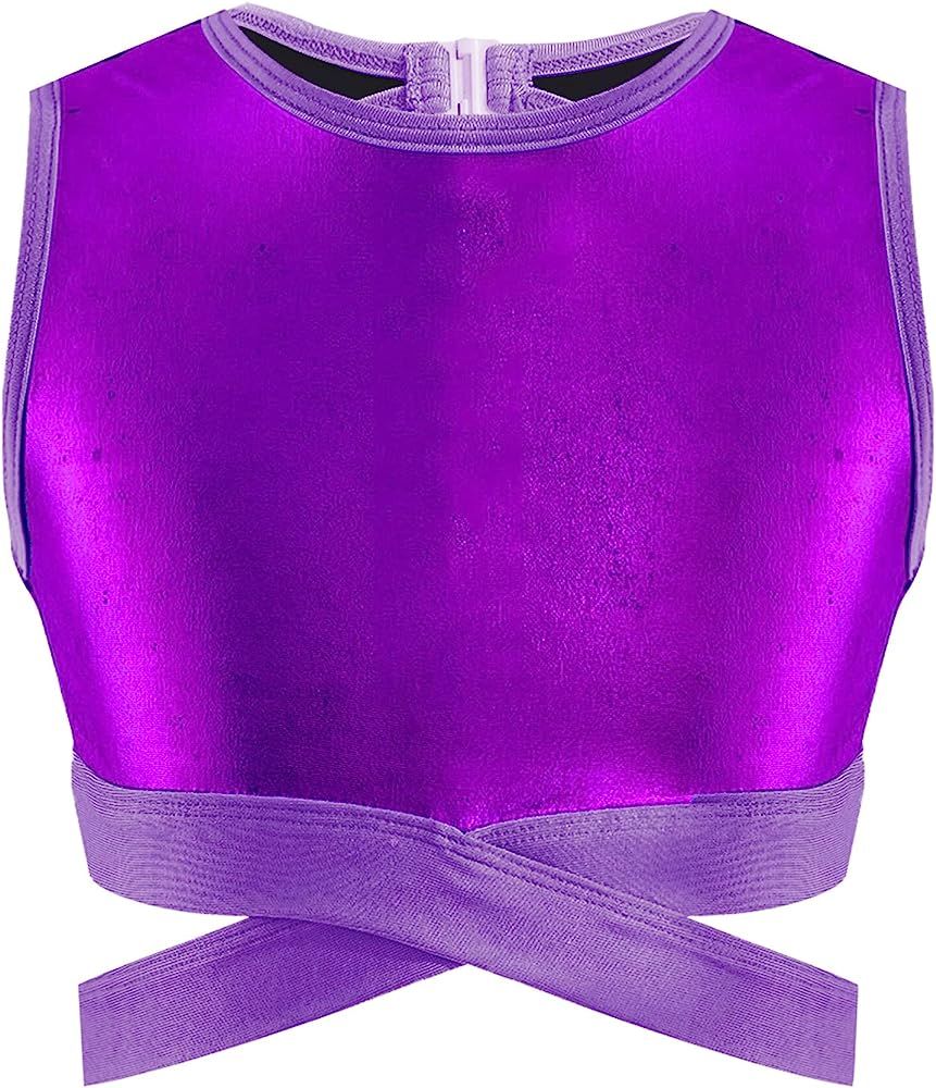 Aislor Kids Big Girls Shiny Metallic Crop Tank Tops Racer Back Dance Athletic Sports Bra | Amazon (US)