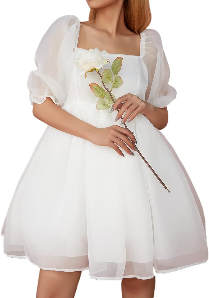 SOLILOQUY Women Puff Sleeve Off Shoulder Princess Mini Dress Lace Tulle Ruffle Mesh Party Skirts Fai | Amazon (US)