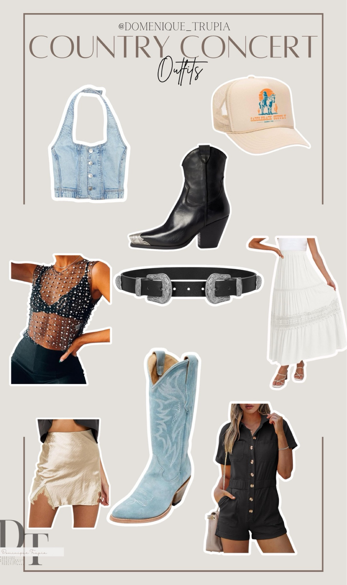 Country concert outfit inspo! 
Denim vest, black cowgirl boots, short cowgirl boots, western belt, denim cowgirl boots, blue boots, beaded tank, lace tank, trucker hat, denim romper, silk skirt, lace skirt
#LTKfindsunder50#LTKstyletip#LTKVideo

#LTKFestival #LTKSeasonal #LTKStyleTip