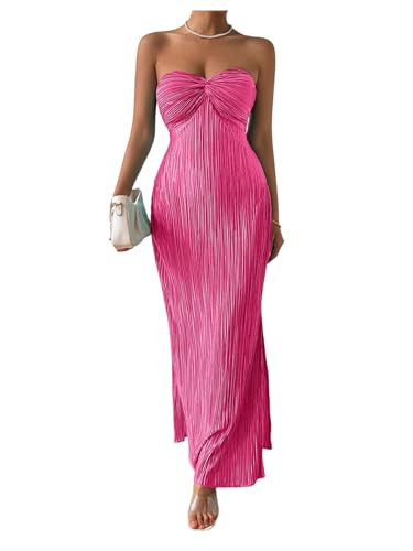 Milumia Women's Twist Front Strapless Bodycon Dress Summer Split Thigh Maxi Tube Dresses Vacation Outfits Hot Pink Small | Amazon (US)