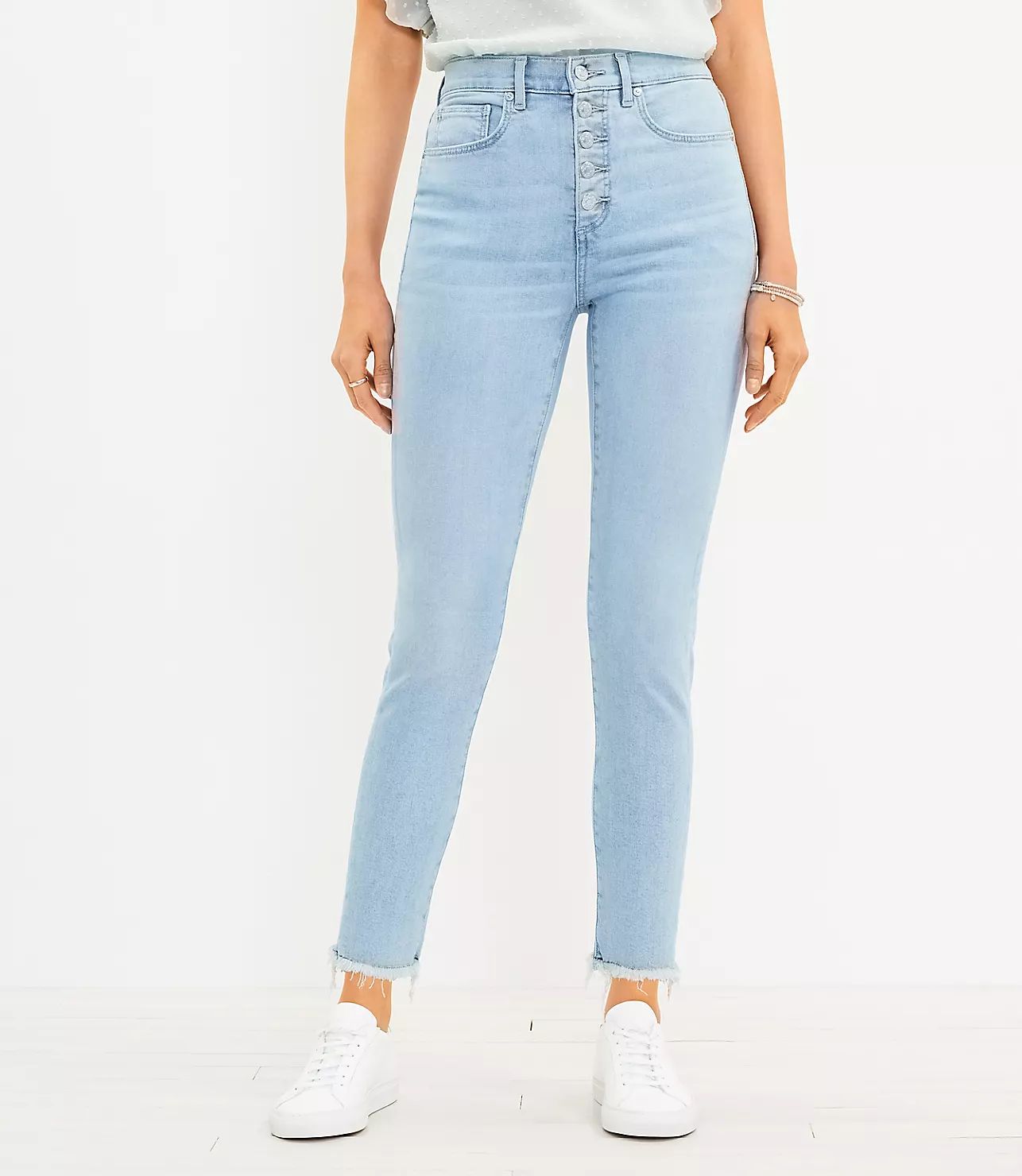 Curvy Frayed Button Front High Rise Skinny Jeans in Original Mid Indigo Wash | LOFT