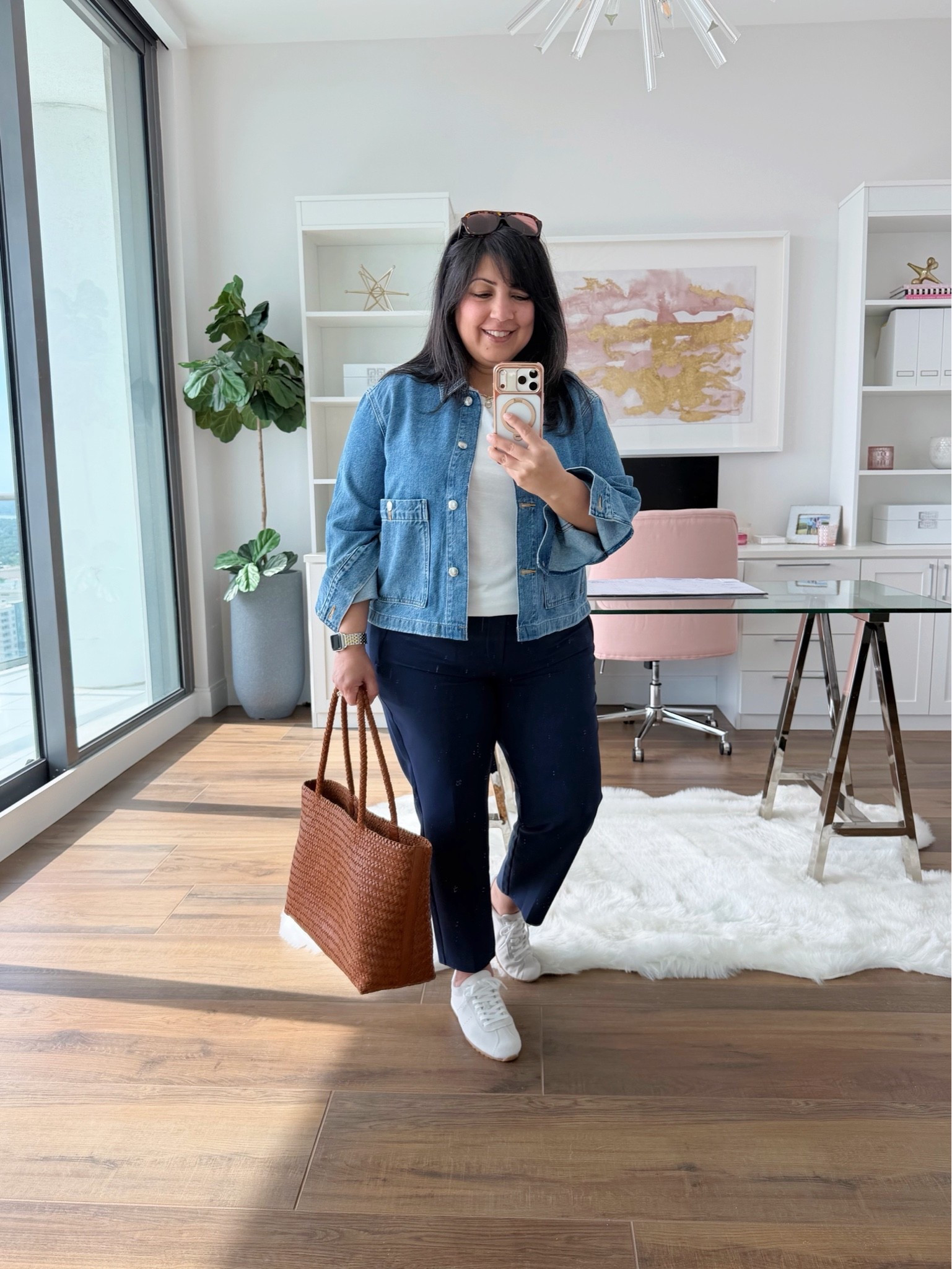 Easy casual everyday outfit! Love the size and fit of this denim jacket from Madewell! Paired it with a simple white tee and these navy pants that are great for travel outfits and everyday wear. Easy to wash and wear and available in regular, petite and tall sizes. 

Madewell denim jacket size large. Athleta white tee size XL. Athleta Endless pants size 12 petite. Dolce Vita sneakers size up of in between sizes. Madewell woven tote bag.

#LTKxMadewell #LTKOver40 #LTKootd