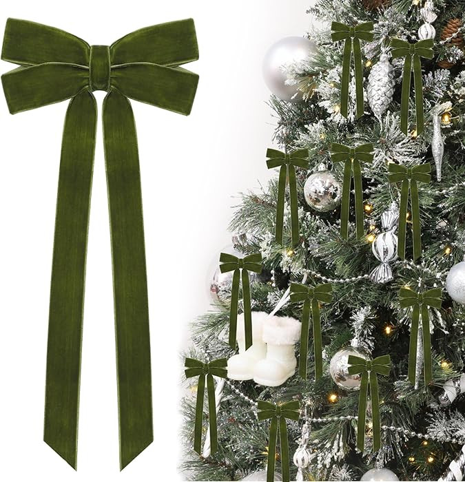 12Pcs Green Velvet Ribbon Bows Christmas Tree Decorations,5in x 10in Xmas Ornaments for Tree Home... | Amazon (US)
