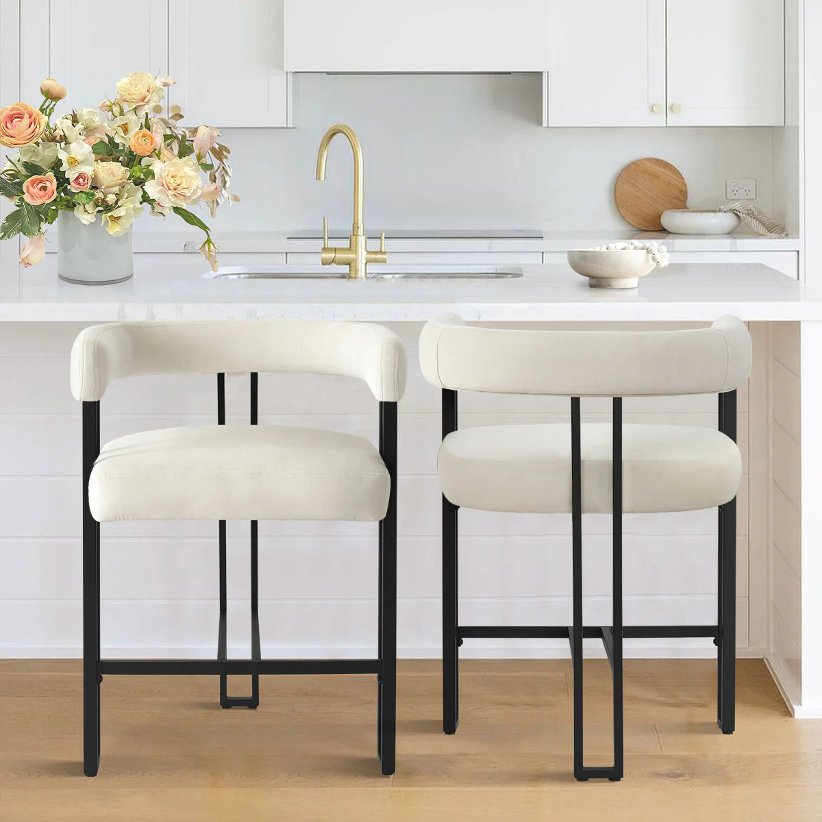 Mia 24" Modern Velvet Counter Stool with arms (Set of 2) | Pop Maison