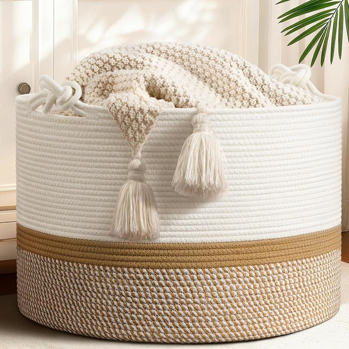 22"x22"x14" Large Blanket Basket, Home D\u00e9cor for Living Room Bedroom, Cotton Rope Laundry Ba... | Amazon (US)