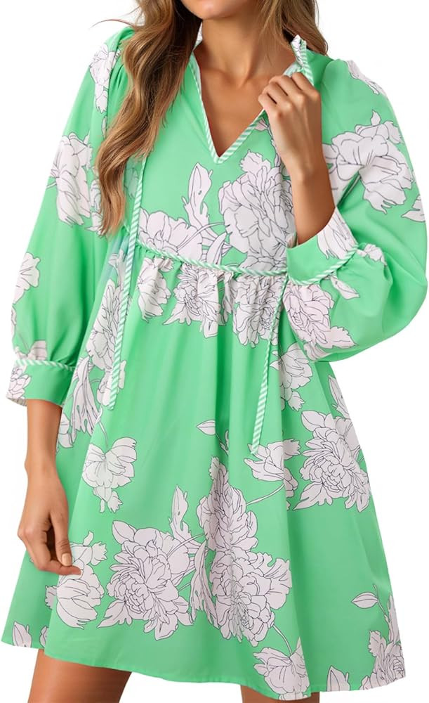Cicy Bell Womens Floral Mini Dresses 3/4 Balloon Sleeve V Neck Flowy Babydoll Dress Summer Beach ... | Amazon (US)