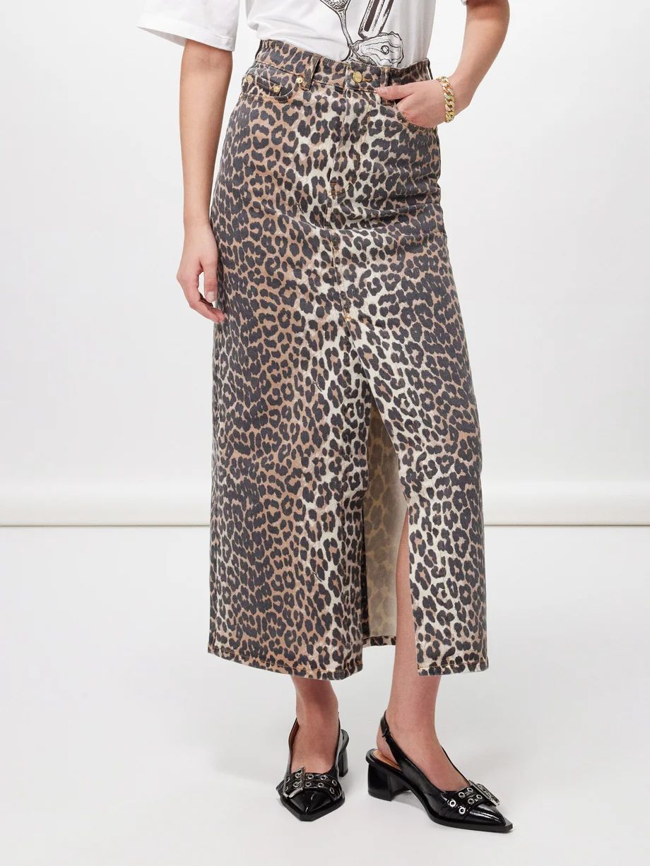 Leopard-print organic cotton-blend denim skirt | Ganni | Matches (UK)
