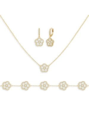 JanKuo Flower 3-Piece 14K Yellow Goldplated, Cubic Zirconia Pave, Drop Earrings, Bracelet &amp; P... | Saks Fifth Avenue OFF 5TH