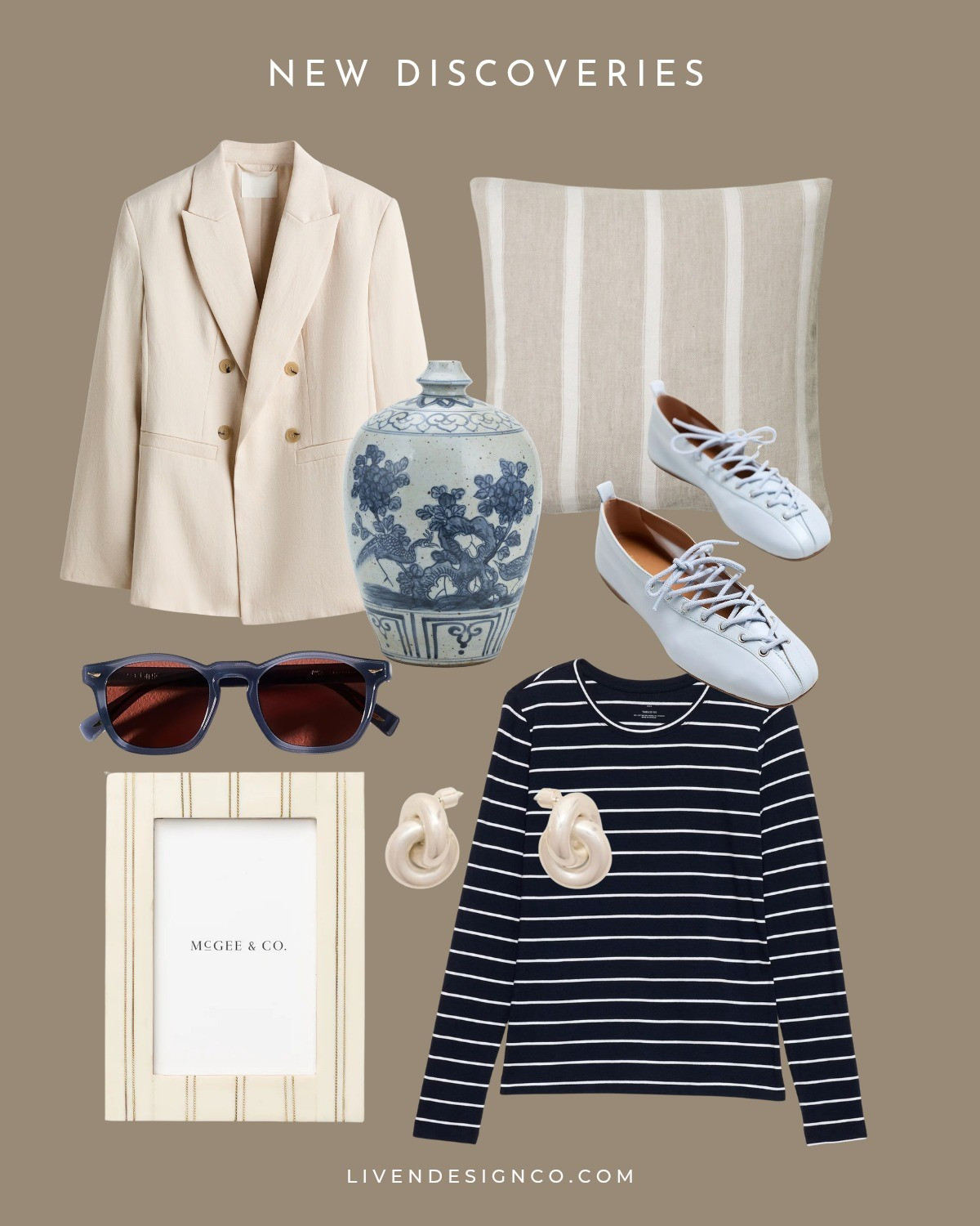 New discoveries. Blazer. Spring style. Picture frame. Blue and white chinoiserie ginger jar. Sunglasses. Blue flats

#LTKSeasonal #LTKSaleAlert #LTKHome