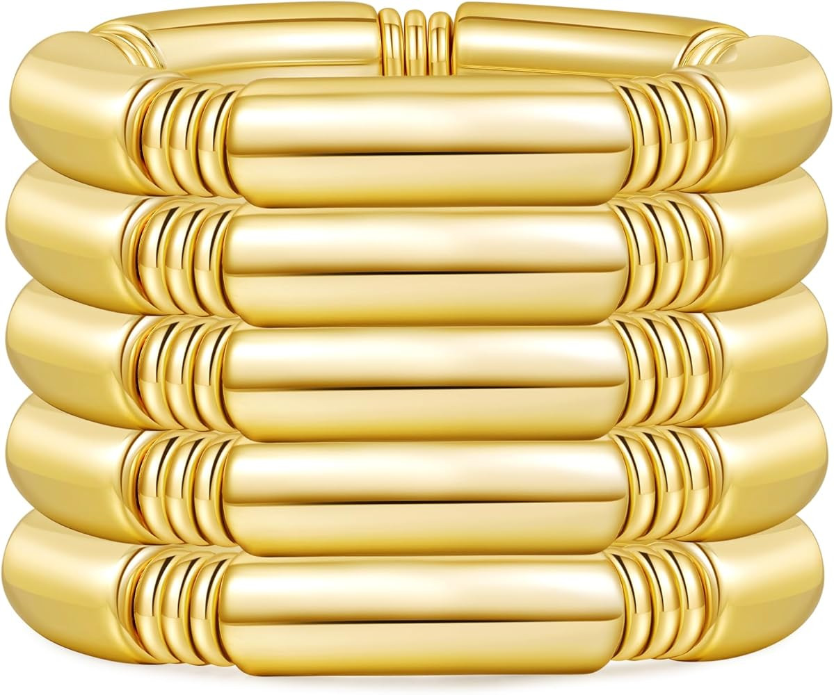 Chunky Gold Bangles Bracelets for Women - 14k Gold Plated Stack Layered Curved Bamboo Tube Stretch Bracelets Gift Jewelry | Amazon (US)