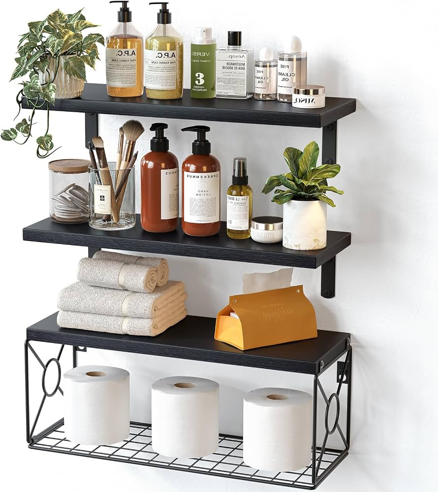 Pipishell Floating Shelves with Wire Strorage Basket, Paulownia Wood Floating Shelves for Home Or... | Amazon (UK)