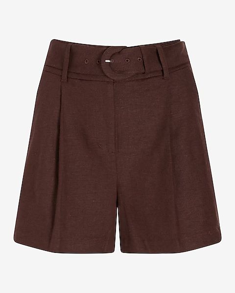 Super High Waisted Belted Linen-Blend Shorts | Express