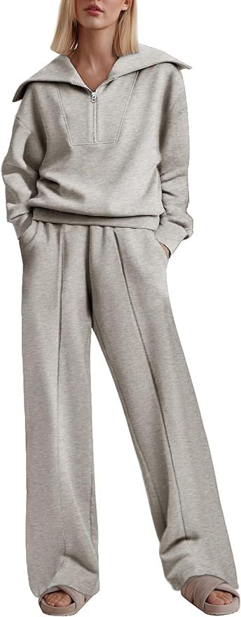 Aleumdr Two Piece Outfits Half Zip Sweatshirt Sweatsuit Lounge Sets for Women Matching Set Wide L... | Amazon (US)