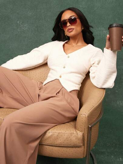 Vixey Ribbed Knit Structured Boxy Long Sleeve Asymmetrical Hem Cardigan | SHEIN