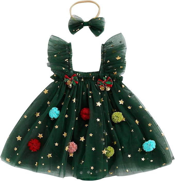 Baby Girl Christmas Tree Romper Dress Star Sequin Tulle Skirt Lace Bodysuit Headband Newborn Infa... | Amazon (US)
