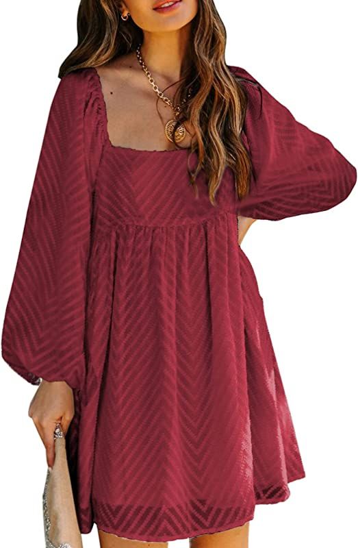 Dokotoo Womens Summer Dress Square Neckline Textured Puff Sleeve Chiffon Mini Dresses | Amazon (US)