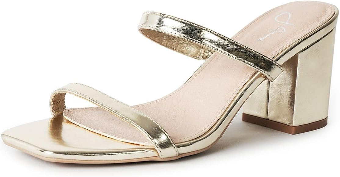 J. Adams Stormi Heeled Sandals Women Dressy Summer Flat Mules- Square Toe Double Band Low Block H... | Amazon (US)