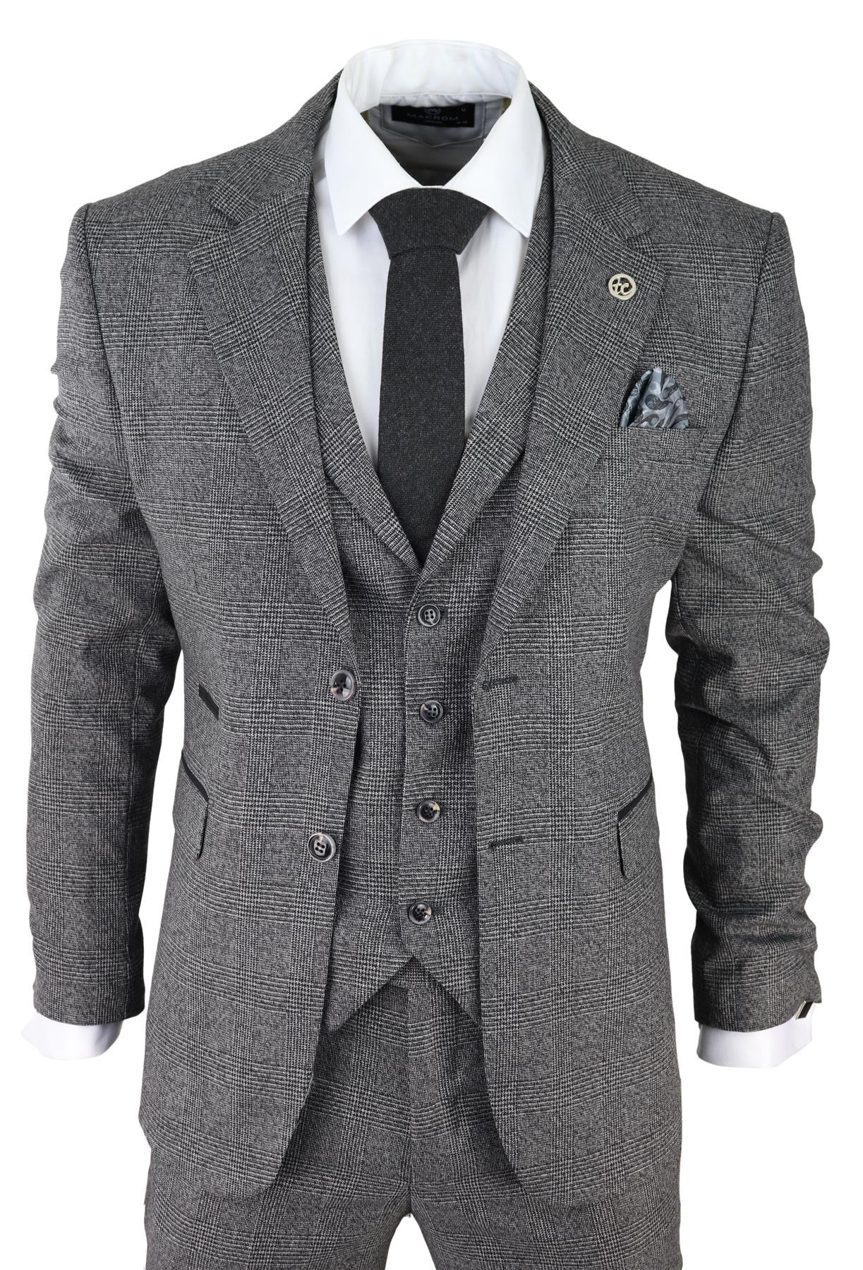 Mens Grey 3 Piece Suit Prince of Wales Check Classic Tailored Fit Wedding Suit | Shop Simon