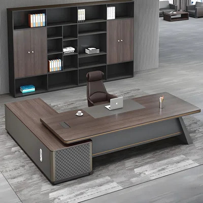 Brown and Gray L-shape Executive Desk With a Side Cabinet and a Combination Lock | Wayfair North America