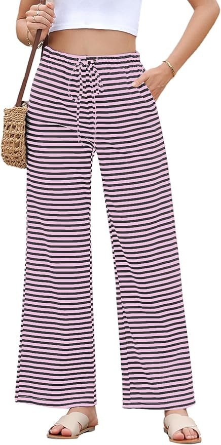 EVALESS Striped Pants Women Casual Wide Leg Drawstring Elastic Waist Kint Trousers Lounge Sweatpa... | Amazon (US)