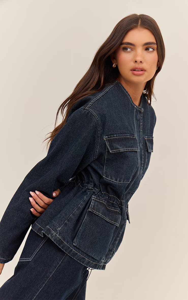 Indigo Round Neck Pocket Front Cinch Denim Jacket | PrettyLittleThing UK