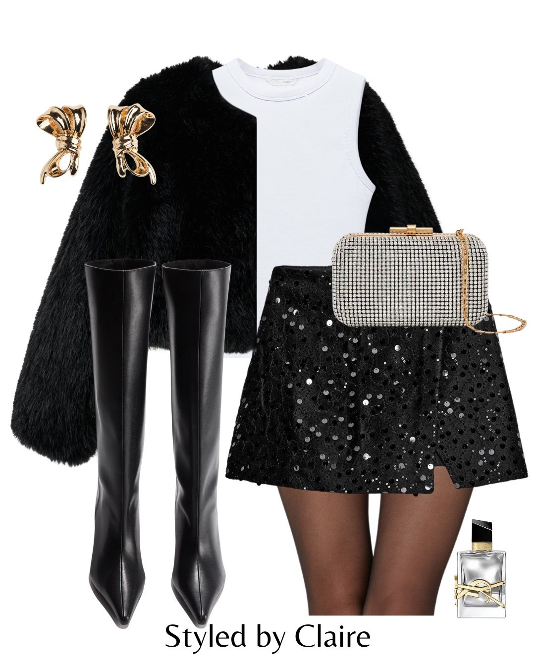 Budget friendly party inspo🪩
Tags: the Zara sequin skort is a bargain, black embellished rhinestone festive partywear Christmas night out date night white vest top simple chic knee high boots faux leather fur jacket coat bow earrings clutch bag fashion winter sparkly sparkle ideas

#LTKpartywear #LTKstyletip #LTKfestive