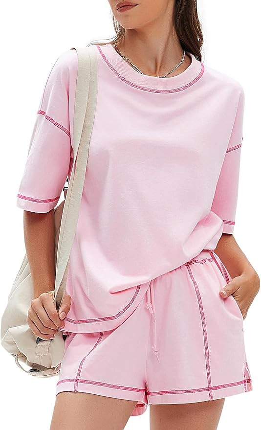 EXLURA Women's Casual Summer 2 Piece Sets 100% Cotton Short Sleeve Tshirt and Shorts Matching Swe... | Amazon (US)