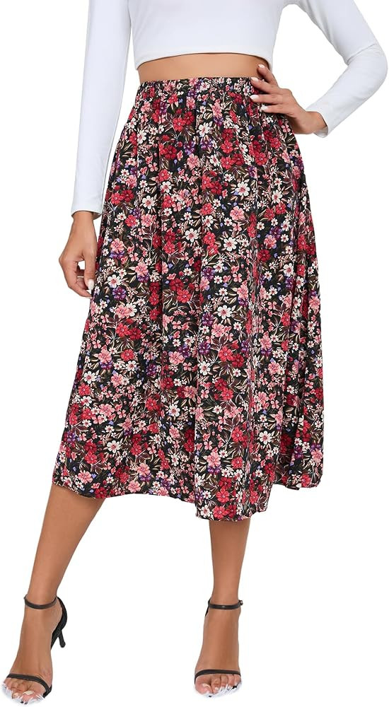 Milumia Women's Vintage Printed A Line High Waist Flare Flowy Casual Midi Skirts | Amazon (US)