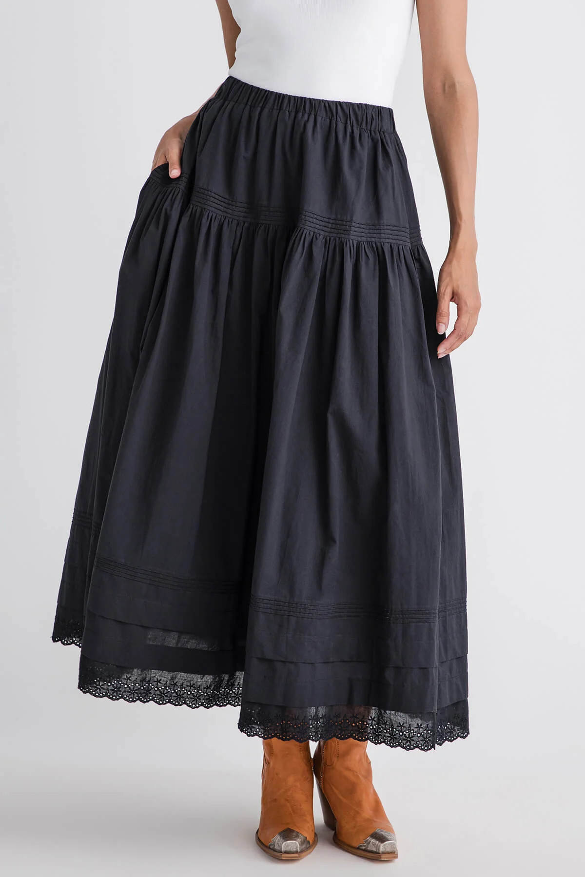 Mable Tiered Pintuck Eyelet Lace Trimmed Midi Skirt | Social Threads