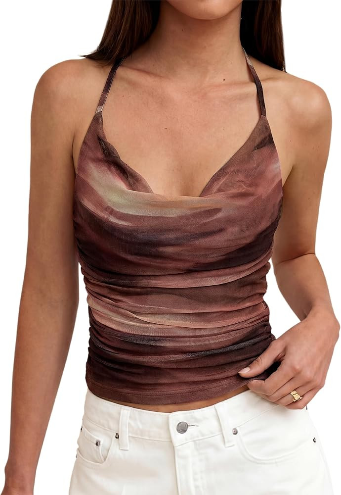 MASCOMODA Summer Floral Cowl Neck Halter Tops for Women Trendy Going Out Sexy Boho Mesh Backless ... | Amazon (US)