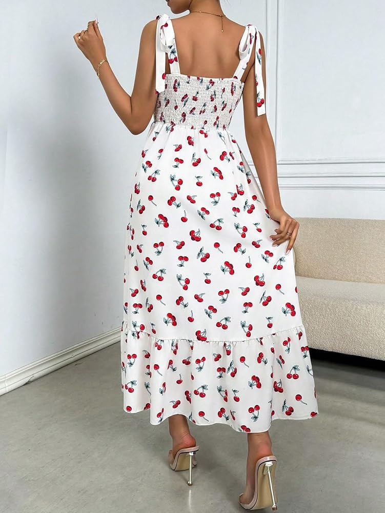 Floerns Women's Floral Print Tie Strap Square Neck Ruffle Boho Maxi Dress | Amazon (US)