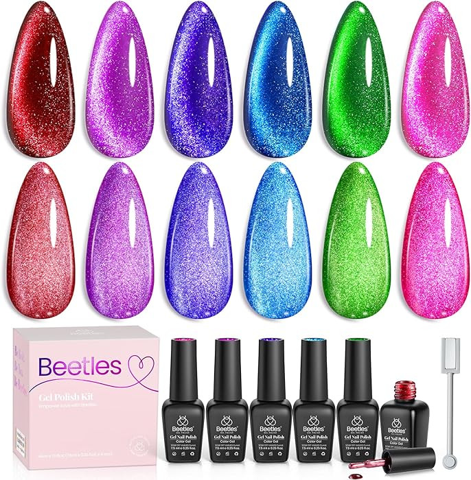 Beetles Cat Eye Gel Nail Polish, 6 Colors Cat Eye Glitter Gel Polish Set Neon Red Pink Purple Blu... | Amazon (US)