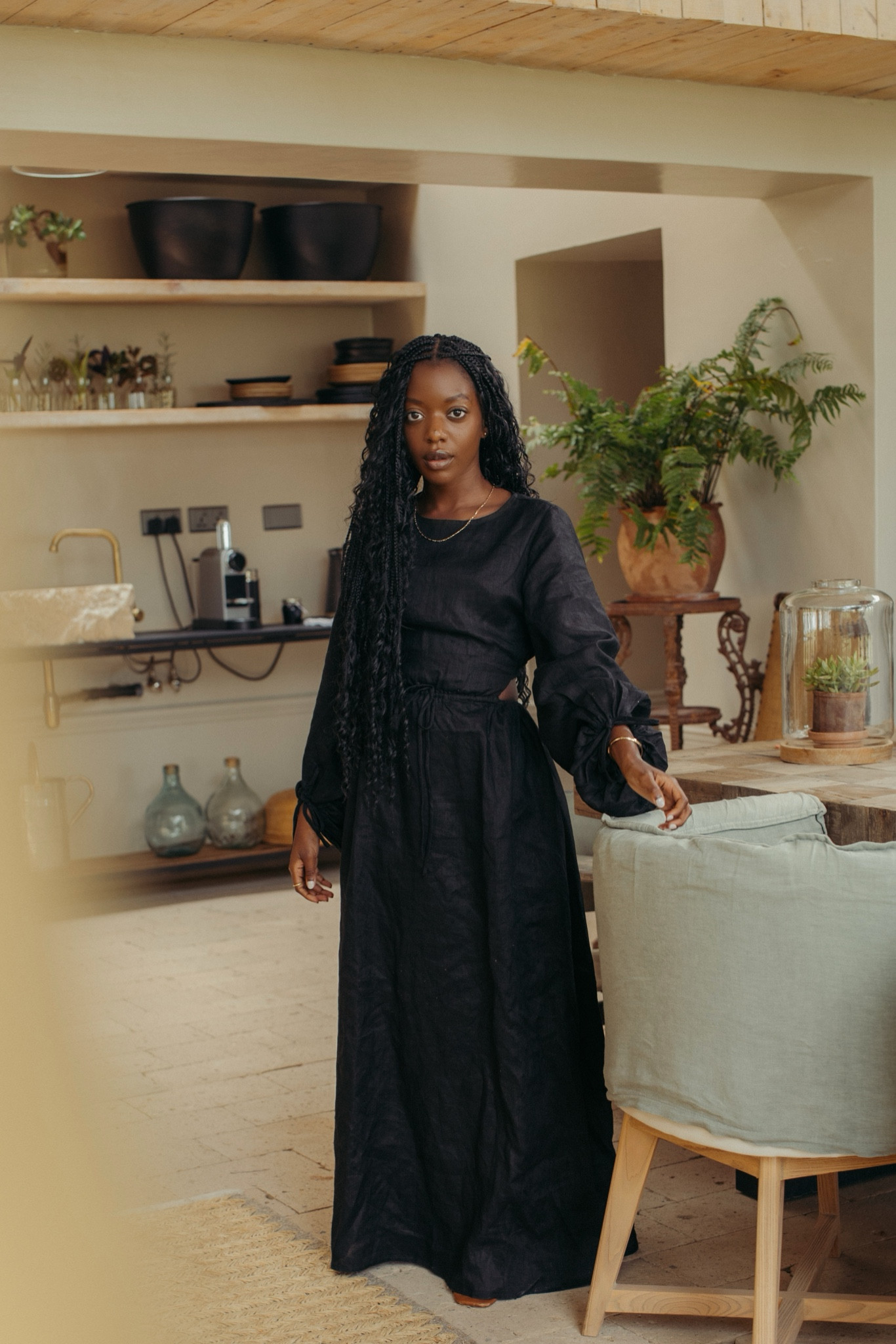 black linen midi dress