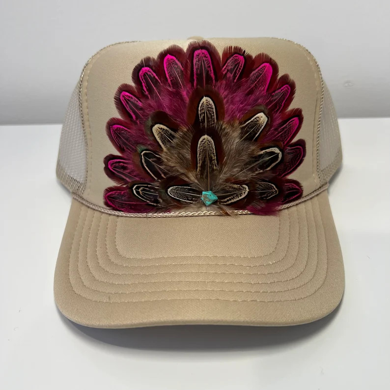 FEATHER Trucker Hat Stagecoach Hat Turquoise Embellished KHAKI Pink - Etsy | Etsy (US)