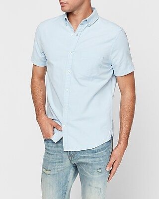 Slim Button-Down Short Sleeve Oxford Shirt Blue Men's M | Express