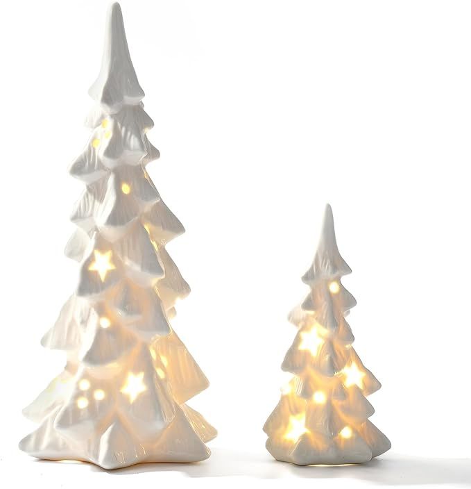 DN DECONATION White Ceramic Christmas Tree That Light Up, 2Pcs Porcelain Christmas Tree with Ligh... | Amazon (US)