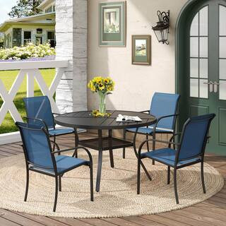 5-Piece Outdoor Patio Dining Set with 40.6 in. Black Round Table and 4-Blue Dining Chairs | The Home Depot