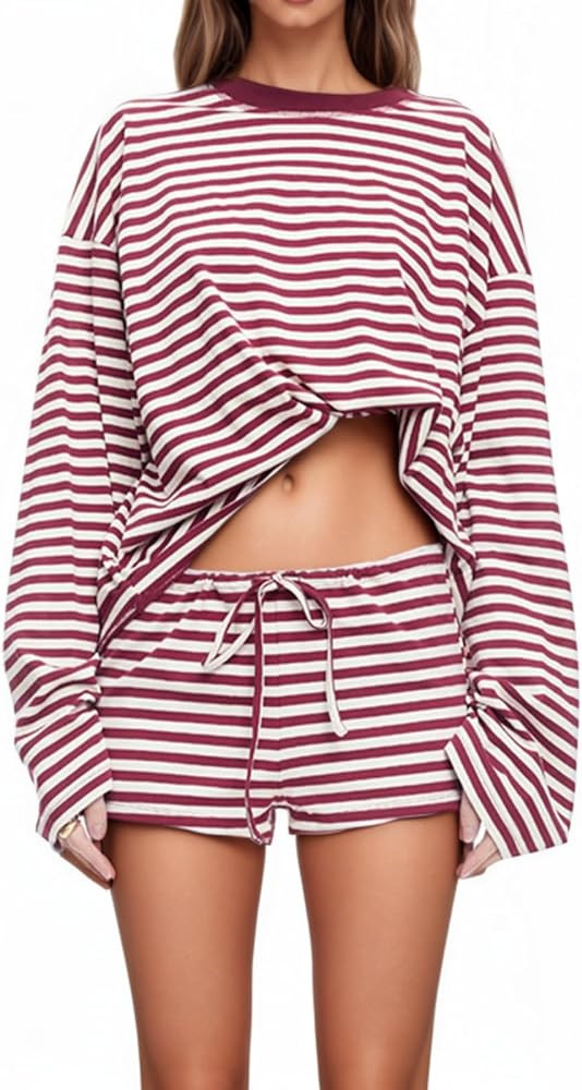VCM 2 Piece Lounge Set Women Striped Long Sleeve Shirt Off The Shoulder Top Drawstring Casual Sho... | Amazon (CA)