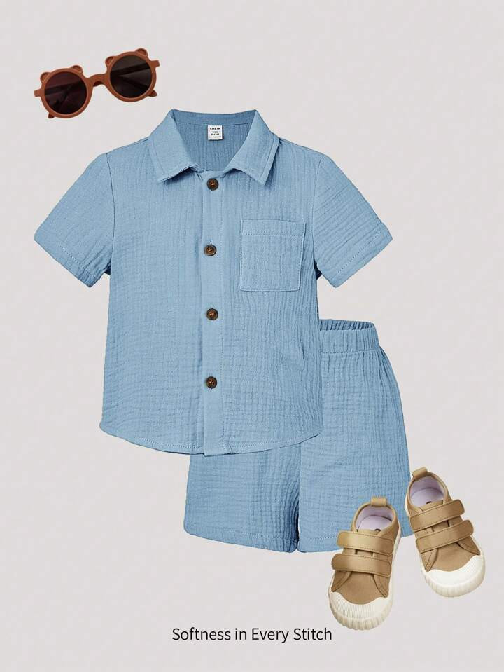 Cozy Cub 2pcs/Set Baby Boys' Solid Color Button-Front Shirt And Shorts | SHEIN