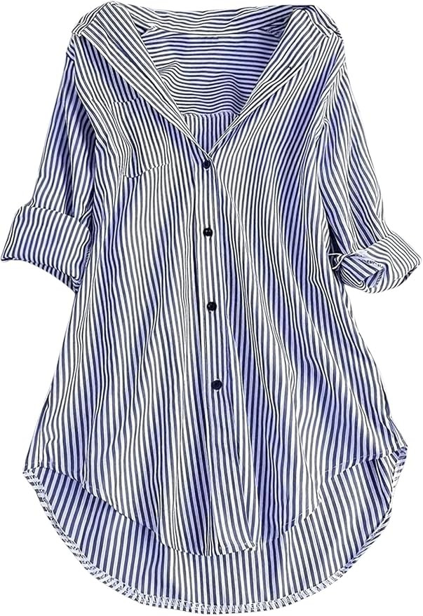 OYOANGLE Women's Striped Print Button Down Long Sleeve Shirts High Low Hem Blouse Tunic Tops | Amazon (US)