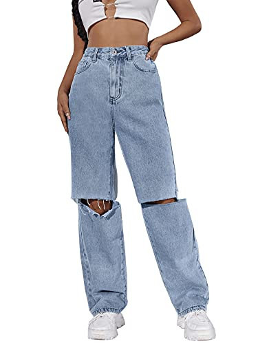 SweatyRocks Women's Ripped Straight Leg Jeans High Waist Distressed Cutout Denim Pants Light Wash Blue XL | Amazon (US)