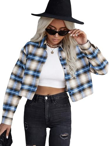 SweatyRocks Women's Long Sleeve Plaid Button Down Collar Crop Blouse Shirt Top Blue Plaid S | Amazon (US)