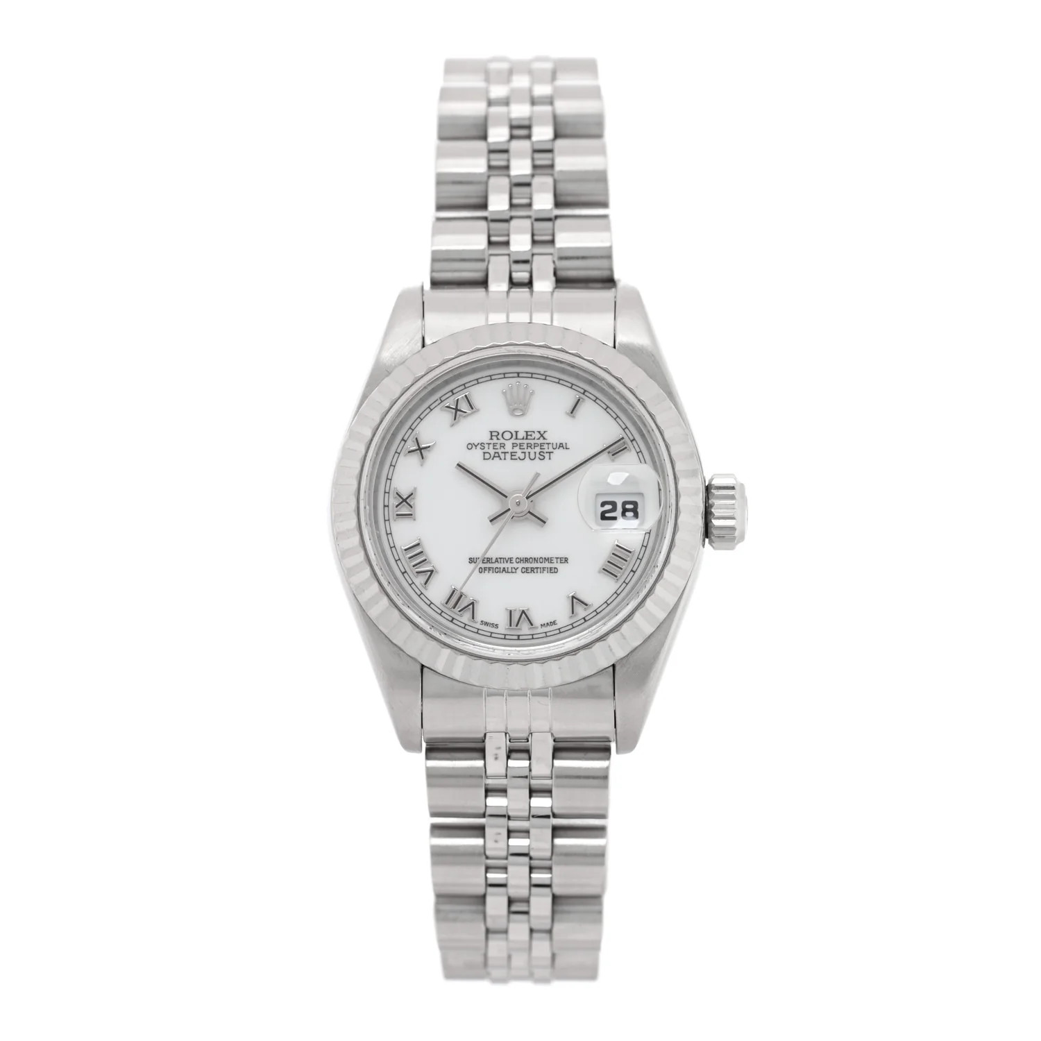 Stainless Steel 18K White Gold 26mm Oyster Perpetual Datejust Watch White Roman 69174 | FASHIONPHILE (US)