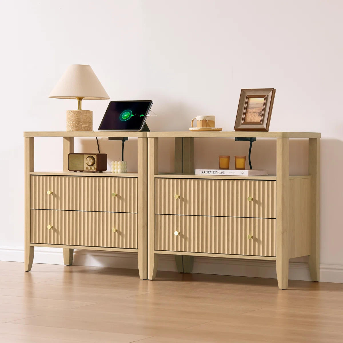 2-Drawer Nightstand Set of 2 with Charging Station ,28" Wide Modern Fluted Bedside Table  with So... | Wayfair North America