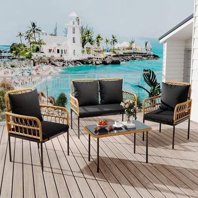 4-Piece Outdoor Patio Furniture Set with Table, Chaise Lounge & 2 Cushioned Armchairs, Rattan Balcony Set for Porch, Lawn, Poolside & Deck, Black | Target