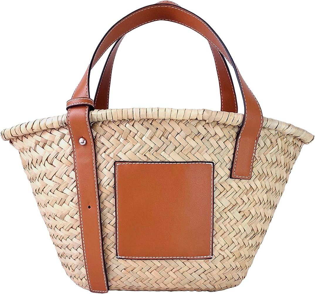 JAYAVENTURA Straw Handbag Tote Large Bag Women Handmade Natural Basket Bag for Summer Beach PU Leath | Amazon (US)