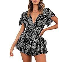 Relipop Women's Jumpsuit Floral Print V Neck Baggy Sleeve Waist Tie Double Layer Ruffle Hem Short... | Amazon (US)